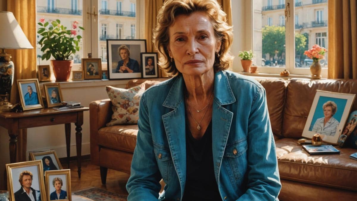 A woman in her early fifties sits quietly in a sunlit Parisian living room filled with family photos and mementos, holding two teenage girls' hands. The mood is reflective yet warm, editorial photorealistic style, natural daylight streaming through large windows. In the background, there's a framed portrait of Johnny Hallyday and subtle hints of Vietnamese culture (like a small child's toy or book on a nearby table), suggesting an unfulfilled adoption. All subjects are centered and in sharp focus, evoking deep emotion and connection.