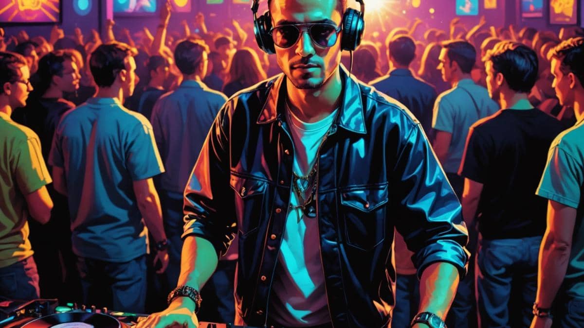 Nightcrawlers: el himno que nunca muere y lo que nadie te cuenta de John Reid A photorealistic editorial-style image of a vibrant 90s club scene with a DJ at the center (representing John Reid), energetic crowd dancing under colorful lights, vinyl records and mixing desk visible, glowing neon hues, moody but well-lit atmosphere, main subject (the DJ) clearly centered and in sharp focus, background slightly blurred to emphasize the action and nostalgia.