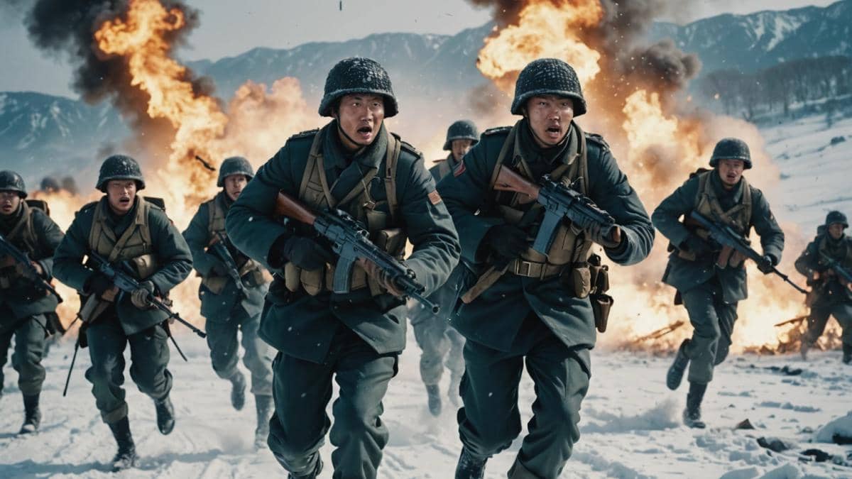 ¿Por qué ‘The Battle at Lake Changjin’ es el fenómeno de guerra que nadie te contó? A dramatic scene from 'The Battle at Lake Changjin', photorealistic editorial style, a group of Chinese soldiers in winter uniforms charge forward across a snowy battlefield, intense expressions, explosions and military equipment in the background, cold bluish lighting, main soldier centered and in sharp focus, cinematic atmosphere.