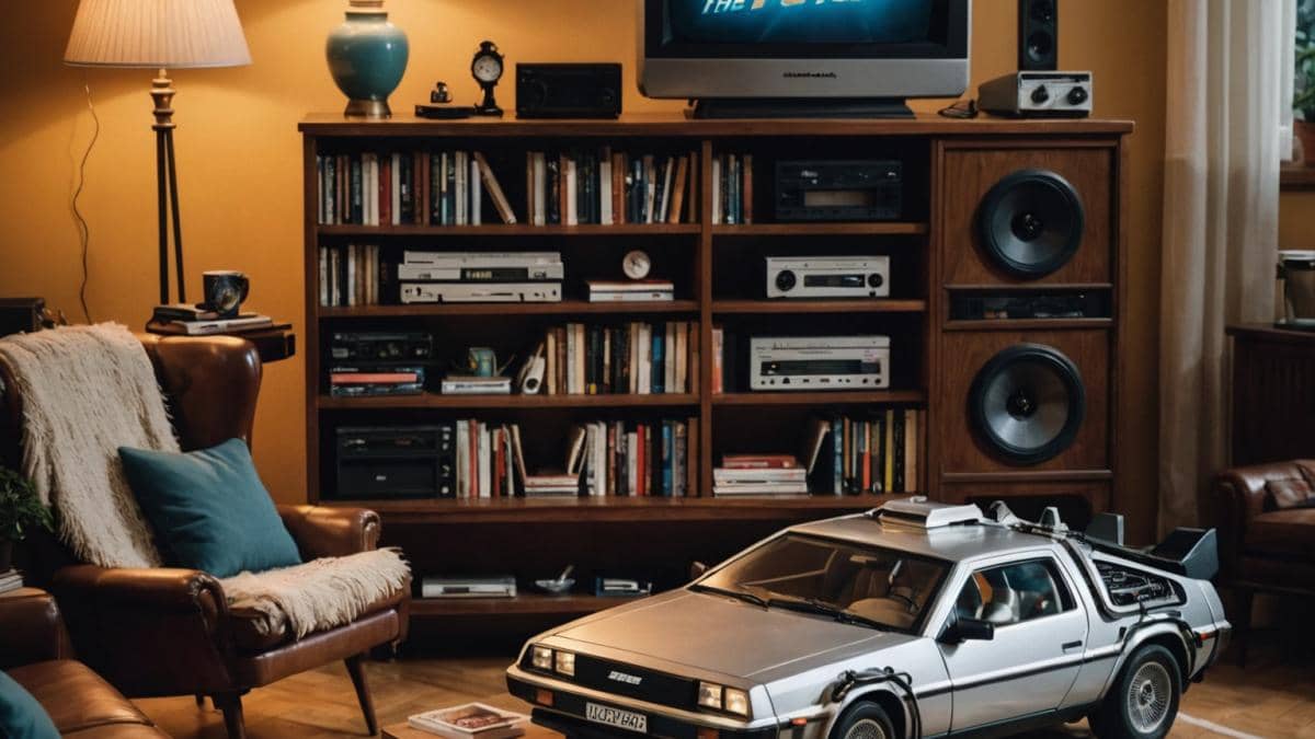 Godless en Netflix: El western que reinventa el género con solo 7 episodios 14 A classic living room scene in Madrid, photorealistic editorial style, centered on a vintage television set playing 'Back to the Future' with a glowing DeLorean scene, cozy evening lighting, shelves filled with vinyl records and movie posters in the background, a notebook with handwritten notes and a cup of coffee on the coffee table, creating a nostalgic yet vibrant atmosphere. Main subject (the TV screen with the film's iconic scene) is sharply focused at the center.