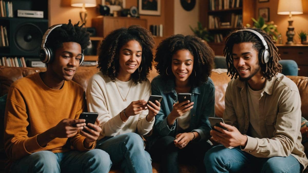 Las mejores canciones nuevas 2025: más allá del hype y lo que nadie te cuenta A photorealistic editorial image of a diverse group of young music fans in their early 20s, gathered in a cozy living room filled with retro and modern decor. They’re listening to vinyl records and streaming new indie-pop songs on a sleek speaker system. One person holds up a playlist on their phone, while others debate excitedly. Warm lighting, stylish outfits with nods to Y2K and current streetwear trends, main subjects well-centered and in sharp focus, clean background with visible album covers and music magazines.