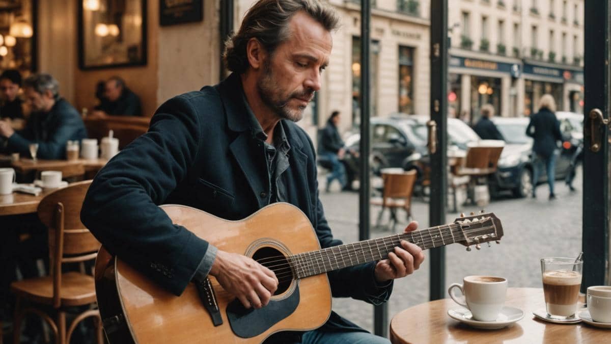A French musician in his early 50s, sitting at a cozy café table in Paris with an acoustic guitar beside him, looking contemplative and content. Editorial photorealistic style, soft natural daylight filtering through large windows, the background shows blurred city life but the subject is well-centered and sharply focused. Subtle details: a closed notebook, a coffee cup, a hint of another person’s presence out of focus nearby.