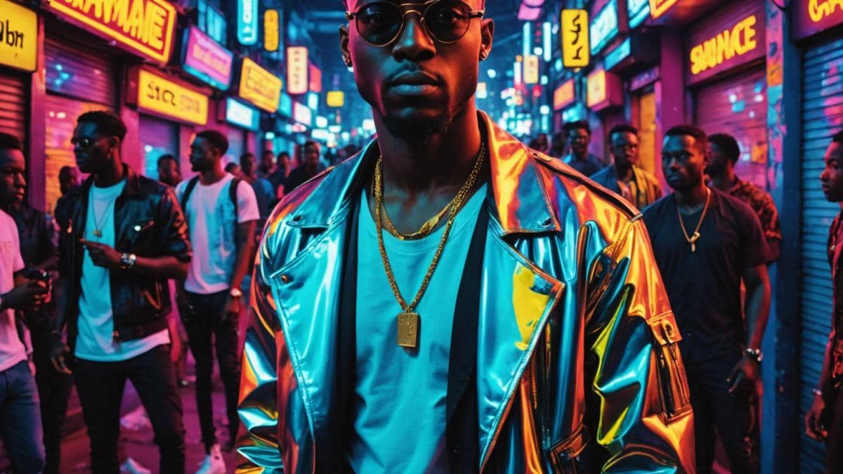 Amaarae arrasa con ‘Black Star’: fusión, poder y verano en un solo disco Amaarae at the center, surrounded by vibrant neon lights inspired by Ghanaian culture and 80s aesthetics, photorealistic editorial style, dynamic pose as if mid-dance, dressed in bold, colorful fashion with metallic accents. Urban nightlife background with subtle hints of a live band and club crowd. Main subject well-centered and in sharp focus, lively and energetic mood.