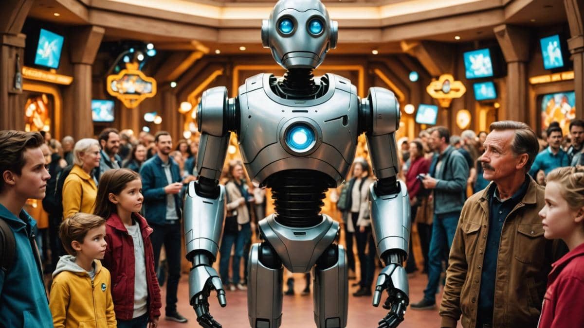 Jackie Chan en Karate Kid: Leyendas—¿Puede seguir sorprendiendo tras 64 años de artes marciales? 14 A center-focused, editorial-style photograph of a hyper-realistic animatronic figure resembling Walt Disney, standing in a futuristic theme park exhibition space. The robot is surrounded by intrigued visitors of all ages, some smiling, others looking contemplative. Warm, well-balanced lighting enhances the lifelike details of the animatronic's face and hands. In the background, there are subtle references to classic Disney iconography—Mickey ears, vintage posters—but the main subject remains sharply in focus at the center with a clean foreground.