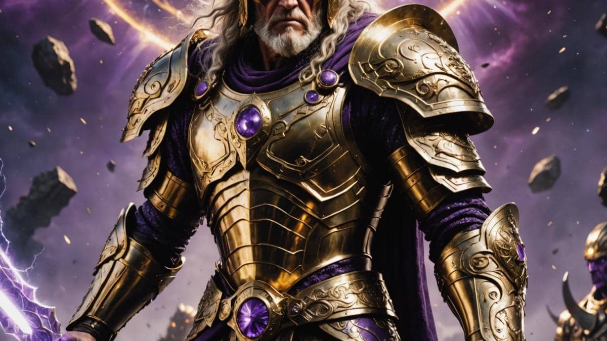 Marvel y la gran ausencia de Odín: ¿realmente habría vencido a Thanos? A powerful elderly Norse god, dressed in ornate golden armor with an eye patch, stands confidently at the center of an epic cosmic battlefield, facing off against a massive purple titan wielding a glowing gauntlet. Photorealistic editorial style, dramatic lighting with cosmic energy swirling around them, sharp focus on both figures, background hints of shattered realms and celestial chaos.