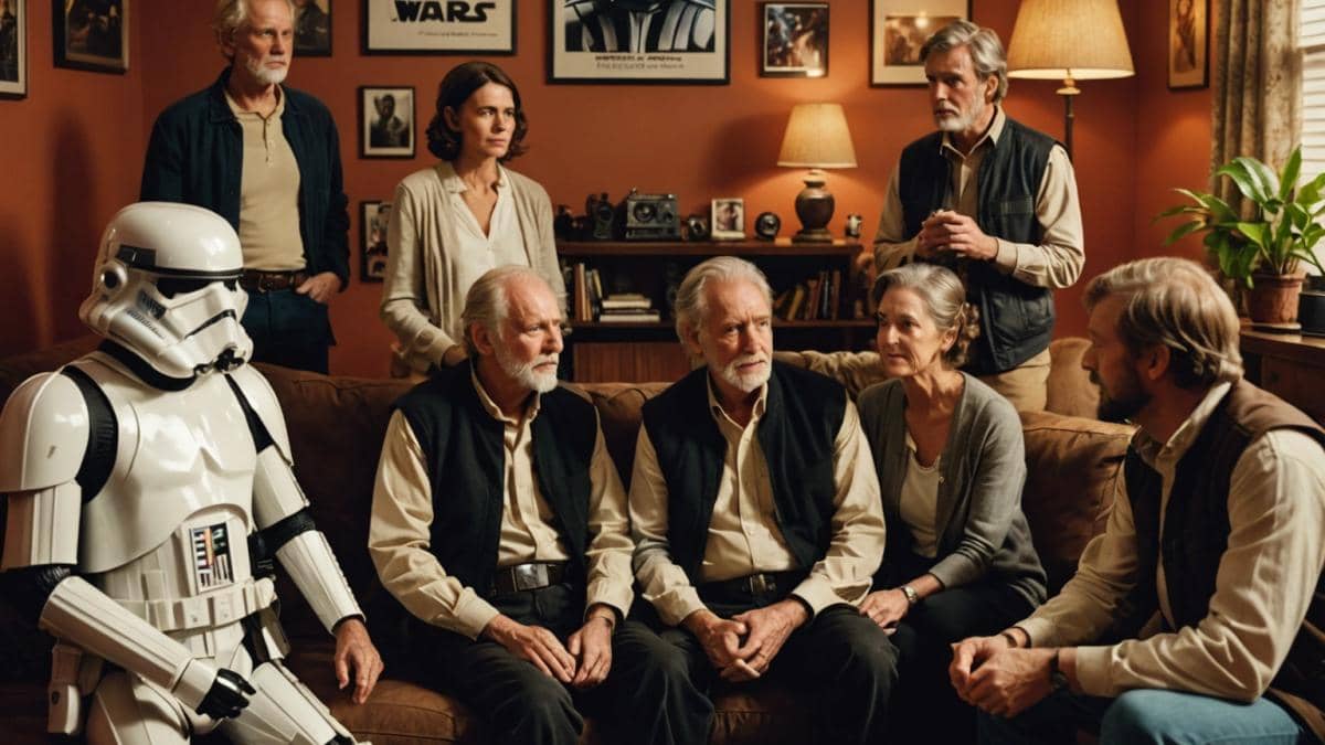 ¿Por qué “Que la Fuerza te acompañe” sigue marcando generaciones? A group of diverse people, young and old, from different backgrounds, sharing a moment of encouragement by saying 'May the Force be with you' in a cozy living room filled with movie posters and Star Wars memorabilia, photorealistic editorial style, warm ambient lighting, the main group clearly centered and in sharp focus, subtle cinematic details.