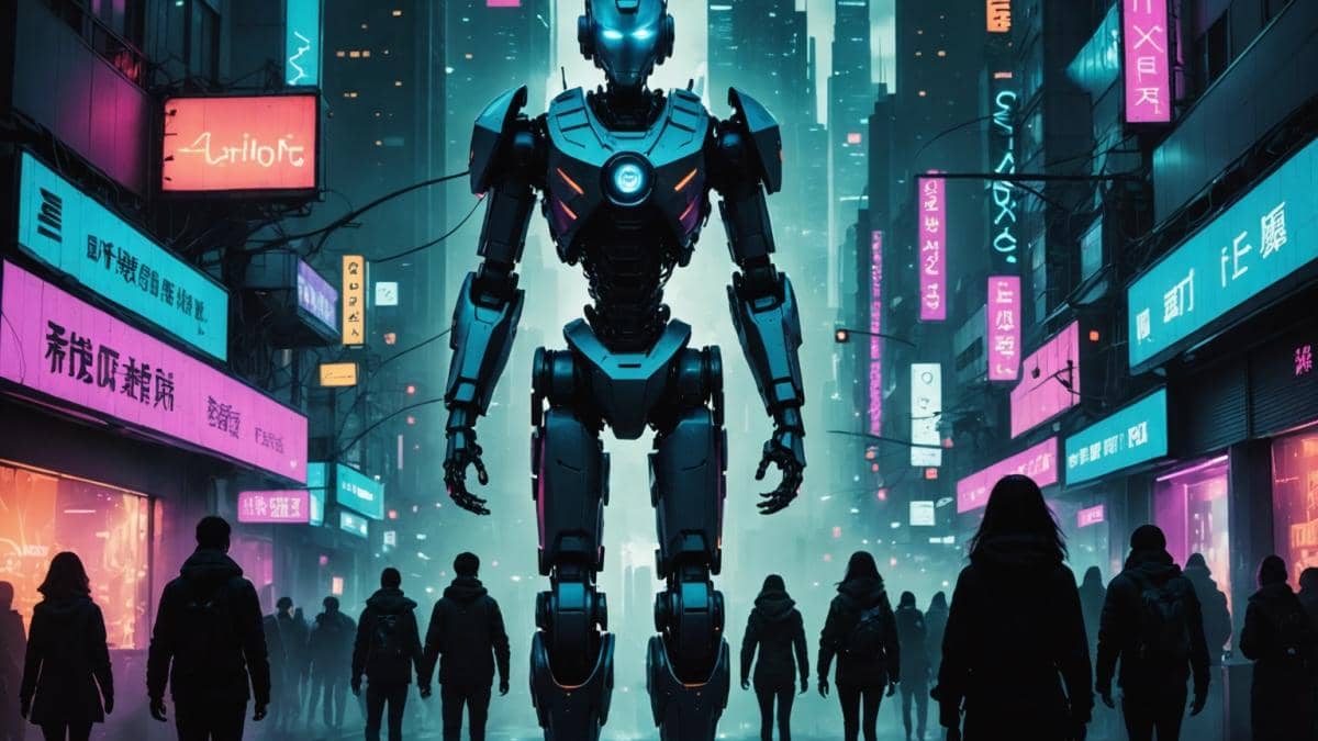 IA y empleos junior: ¿Por qué la generación Z siente que le robaron el primer escalón? 14 A dramatic, editorial-style image of a futuristic cityscape at night, with neon-lit skyscrapers, advanced cyborgs and humans walking together on the streets. At the center, a mysterious humanoid robot (Wendy) stands facing the viewer, her features blending organic and synthetic elements. In the background, an ominous alien silhouette is subtly visible in the mist. The scene is sharply focused on Wendy, well-lit with cinematic contrast, conveying tension and anticipation.
