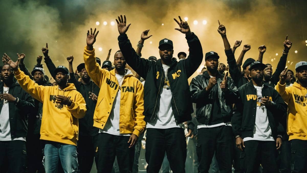 Wu-Tang Clan: El último tour que redefinió la nostalgia hip-hop… y lo que nadie te cuenta The nine members of the Wu-Tang Clan, center stage at a packed arena concert, photorealistic editorial style, dramatic lighting highlighting each artist's unique look and energy, sea of fans in Wu-Tang merch with hands raised, golden hues and subtle mist for an epic vibe, the group clearly centered and sharply in focus, crisp details on faces and stage setup.