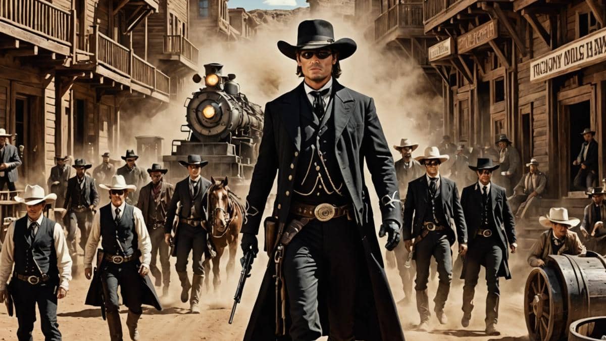 A dramatic movie set from 'The Lone Ranger', with a massive old-west train in motion, crew members bustling around, director with megaphone in hand, and actors Johnny Depp and Armie Hammer in full costume at center. Photorealistic editorial style, bright midday lighting, authentic period details like dusty landscape and wooden buildings. Main subjects (Depp and Hammer) sharply centered, focused expressions. Professional film equipment visible but not distracting. Vibrant, energetic atmosphere.