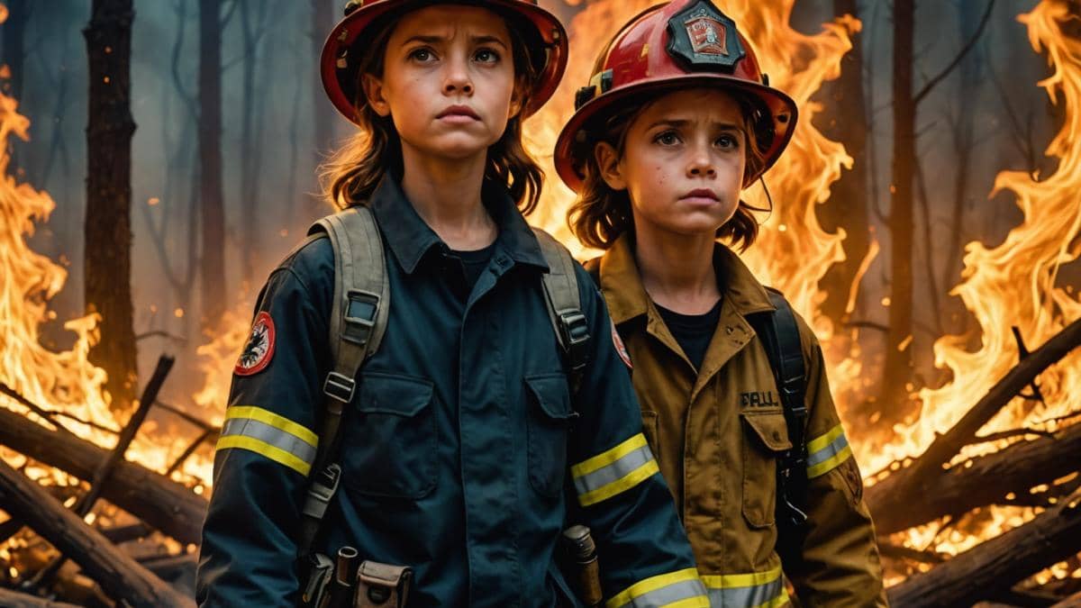 They Want Me Dead: El thriller que Angelina Jolie convierte en fuego puro (y lo que nadie te cuenta) Angelina Jolie as a fearless firefighter, standing in the middle of a burning forest at night, photorealistic editorial style, tense and dramatic mood, detailed flames around her, with a terrified young boy clutching her arm. Both are center-focused and sharply in focus, smoke swirling in the background, intense lighting highlights their faces, cinematic atmosphere.