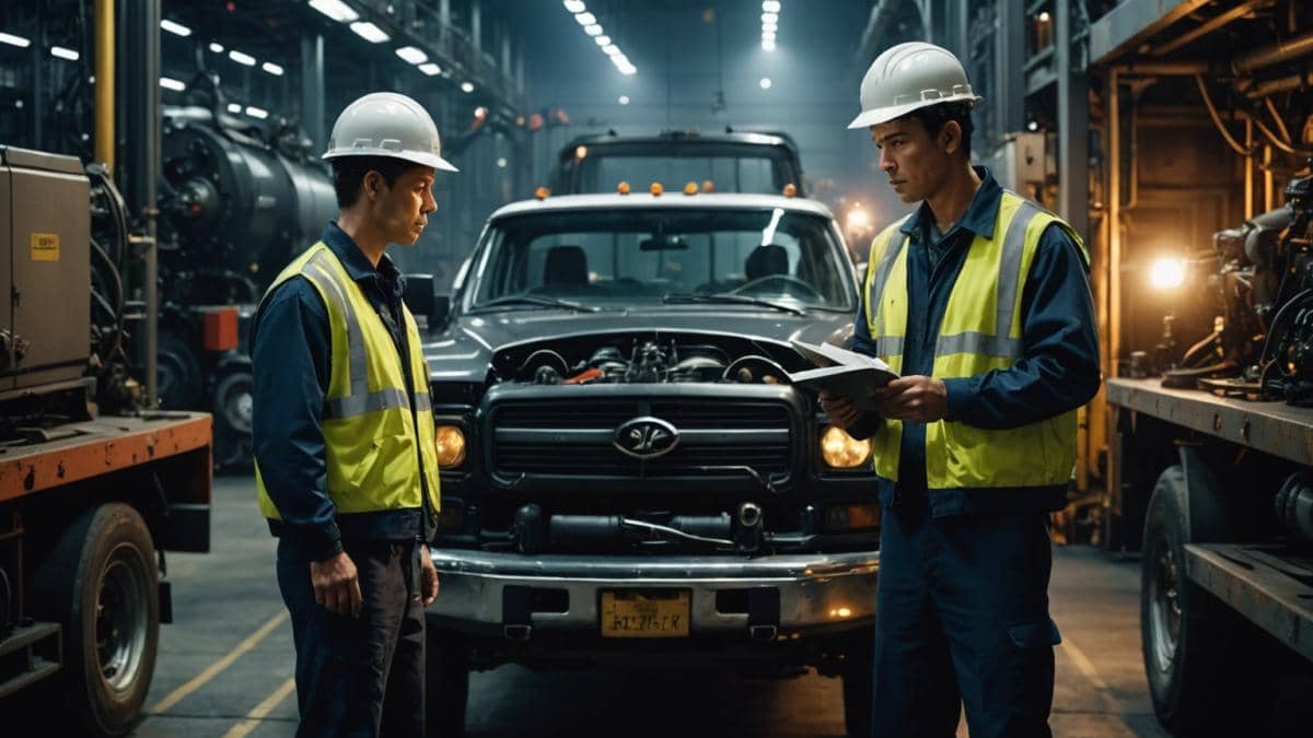 Coches eléctricos chinos: ¿Truco o trato en las ventas? Mi visión desde dentro 14 A photorealistic editorial-style image centered on two factory workers in uniforms, secretly loading large car engines onto a truck at night outside an industrial plant. The main subjects are well-centered and sharply focused, surrounded by dim security lights, security cameras in the background, and stacks of mechanical parts. The mood is tense and mysterious, with subtle evidence of forged documents and fake license plates on the truck clearly visible.