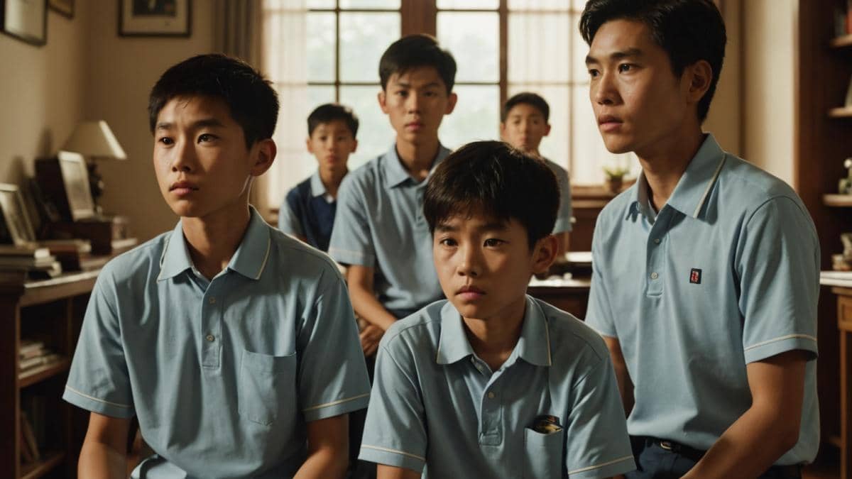 A Sun en Netflix: El drama taiwanés que redefine el cine familiar (y por qué nadie habla de él) A centered, emotional family scene from a Taiwanese film, in a modest living room with soft evening light streaming through the window; two brothers—one in school uniform, one looking troubled—sit opposite each other with tense expressions, while their parents stand nearby with conflicted faces. Editorial, photorealistic style. Focus on capturing raw emotion and atmospheric depth, main subjects well-centered and in sharp focus, subtle cultural details like Chinese calendar or teacups.
