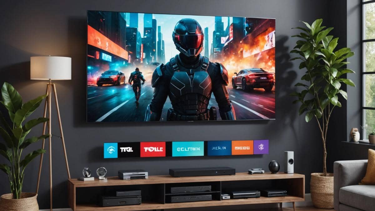 Motos chinas en España: ¿Cómo Voge superó a BMW usando su propia tecnología? 14 A modern living room with a large 65-inch TCL QLED TV centered on a sleek, minimalist stand, displaying vibrant colors and a gaming scene, photorealistic editorial style, bright lighting highlighting the TV's ultra-thin bezels, a game controller and smart speaker visible on the table, relaxed atmosphere showing tech-savvy young adults enjoying the experience, main subject (the TV) perfectly centered and in sharp focus.