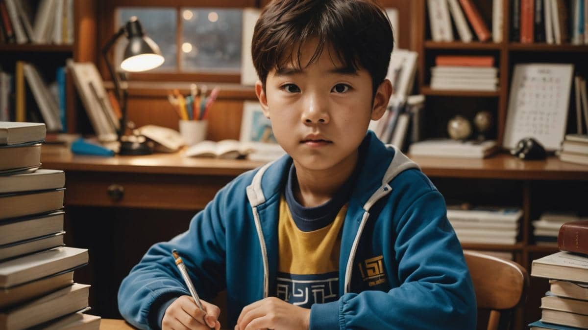 A young South Korean child, sitting at a study desk surrounded by textbooks, musical instruments, and sports equipment, photorealistic editorial style, warm indoor lighting, subtle hints of stress and determination on the child's face, background shows a window with city lights and a calendar filled with activities, main subject clearly centered and in sharp focus.