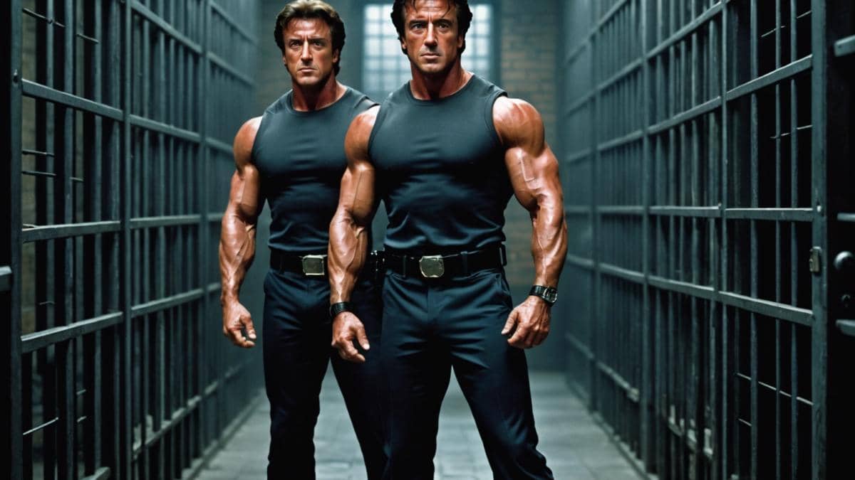Retro en Netflix: ¿Vale la pena el fenómeno indio del que todos hablan? 14 Sylvester Stallone and Arnold Schwarzenegger, dressed in iconic action-hero outfits, standing back-to-back in a dramatic prison setting with metallic bars and cinematic lighting, photorealistic editorial style, intense expressions, moody atmosphere, center-focused composition, sharp detail on both actors with the background slightly blurred.