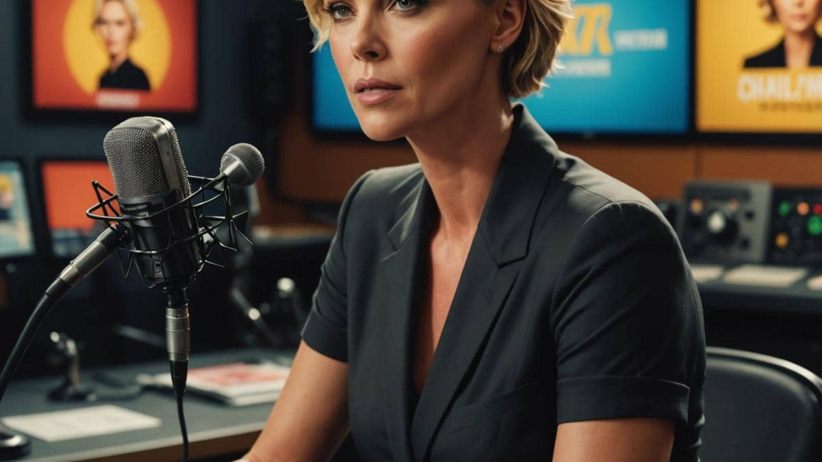 Películas de horror y tribus amazónicas: ¿por qué 'El infierno verde' les pareció una comedia? 14 Charlize Theron seated in a radio studio, passionately discussing action cinema, photorealistic editorial style, warm and lively mood with microphones and film posters in the background, main subject well-centered and in sharp focus, modern professional setting.