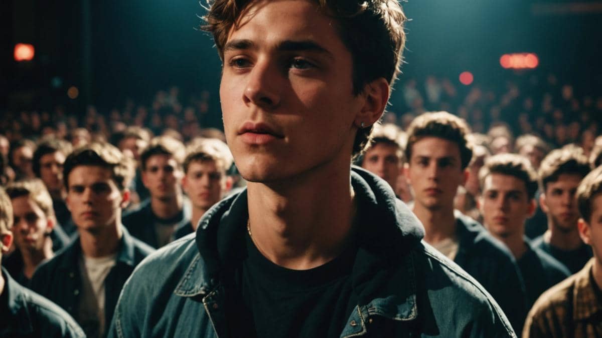 Nate Sib arrasa en 2025: el aura pop que no sabías que necesitabas A young male singer with an enigmatic, boyish look, center stage at a sold-out Brooklyn concert venue, photorealistic editorial style, dramatic moody lighting casting shadows across his face, wearing oversized streetwear with designer sneakers, surrounded by fans but focused and serene, main subject sharply in focus and perfectly centered.