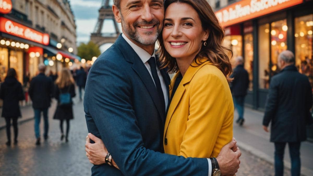 ¿Adiós definitivo o pausa saludable? Lo que no viste tras los adioses en Télématin Two charismatic TV presenters on a brightly lit morning show set in Paris, sharing a friendly farewell hug, photorealistic editorial style, joyful mood, subtle background with cameras and crew, vibrant colors, main subjects centered and in sharp focus.