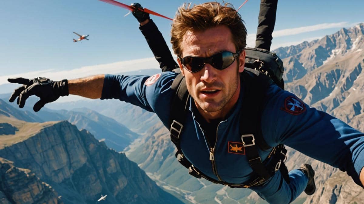 A dramatic, photorealistic editorial-style image of a daredevil stuntman mid-air between two planes flying above rugged mountains, clear blue sky, intense sunlight, close-up focus on the action with both airplanes and the stuntman centered, detailed faces showing tension, windblown hair and gear, sharp focus, cinematic atmosphere.
