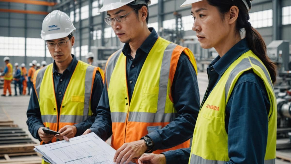 ¿Tele QLED de 65'' por menos de 600€? Así revolucionan TCL y Carrefour el gaming en casa 14 A group of Chinese and Spanish engineers in safety vests and helmets standing at the center of a large, modern battery factory under construction in Figueruelas, Aragón. Photorealistic editorial style, bright daylight streaming through high windows, workers examining blueprints and advanced battery machinery, diverse team interacting professionally, main group clearly centered and in sharp focus, clean industrial background with signs of rapid development.