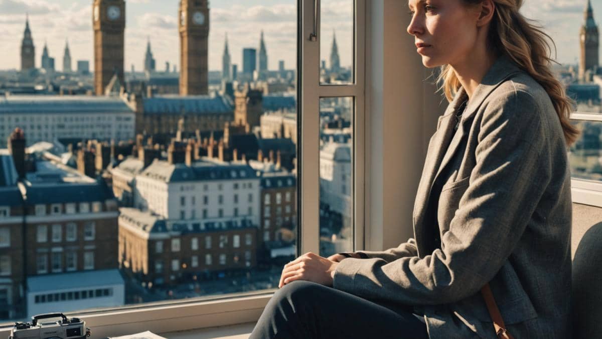 Jean Dujardin: más allá de ‘The Artist’, lo que nunca te contaron sobre la ruptura que marcó la vida de Alexandra Lamy Alexandra Lamy sitting by a window overlooking London’s skyline, photorealistic editorial style, natural morning light illuminating her contemplative expression, subtle film posters and a travel suitcase in the background, main subject well-centered and in sharp focus, conveying a mix of nostalgia and renewal.