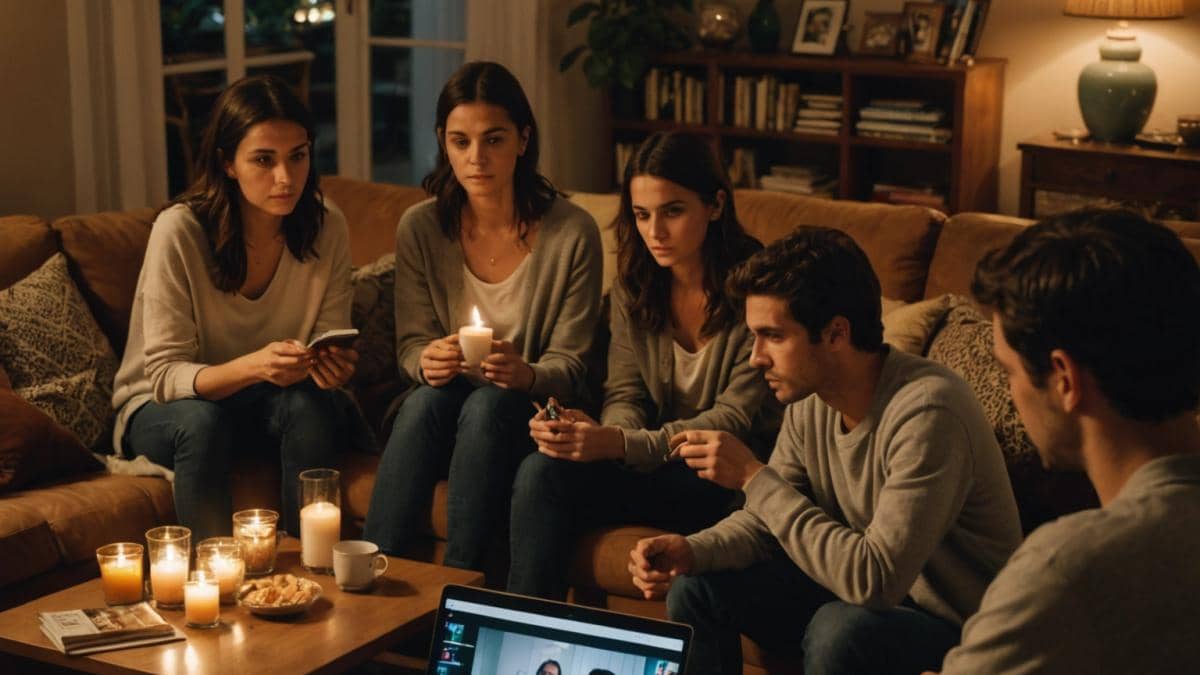 Investigación independiente: ¿por qué ‘Complément d’enquête’ sobre Rachida Dati es el nuevo hit que nadie esperaba? A photorealistic editorial image of a young, diverse group in a cozy living room in Buenos Aires, all gathered around a TV streaming a French investigative documentary, with notebooks, healthy snacks, and candles on the coffee table. The main subject—a woman in her early 30s, relaxed but attentive—sits at the center, illuminated by warm lighting, surrounded by plants and books. The mood is curious and engaged, with everyone focused on the screen.