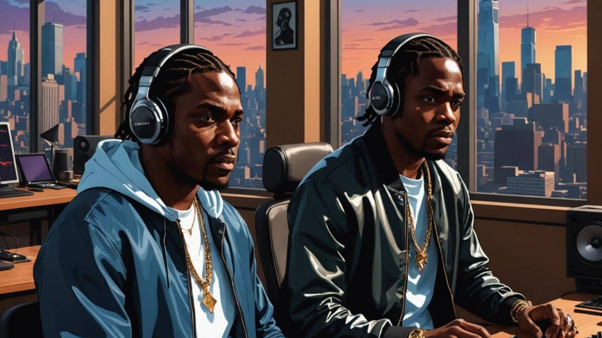 Pusha T vs Travis Scott: ¿La lealtad ya no existe en el rap mainstream? Two famous rappers in a tense, luxurious recording studio, photorealistic editorial style, one seated with a stern look (representing Pusha T), another standing, animated and mid-gesture (representing Travis Scott), Parisian cityscape glimpsed through large windows, evening lighting, stylish streetwear and high-end headphones on the table, dramatic and focused composition with both artists clearly centered and in sharp focus.