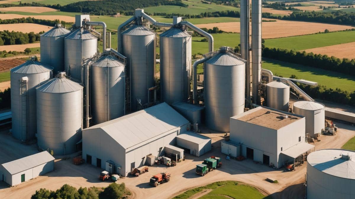 ¿Biomasa en Burgos? La solución energética que Europa pasa por alto (y ya funciona) A modern biomass plant in rural Spain, photorealistic editorial style, main building with wood pellet storage silos at the center, clean machinery, stacks of compressed wood pellets, vibrant workers in safety gear, sunlit background showing a small village and green forests, clear sky, main subject well-centered and sharply focused for an energetic and hopeful mood.