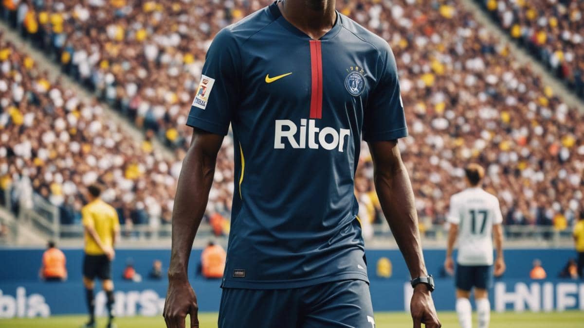 Zidane entrenador de Francia: ¿Cómo impacta su liderazgo en el deporte y la motivación? 14 A professional football player, Ousmane Dembélé, walking off the pitch holding his thigh, photorealistic editorial style, focused and concerned expression, center of a large stadium with blurred spectators in the background, clear daylight, medical staff nearby, main subject well-centered and in sharp focus.