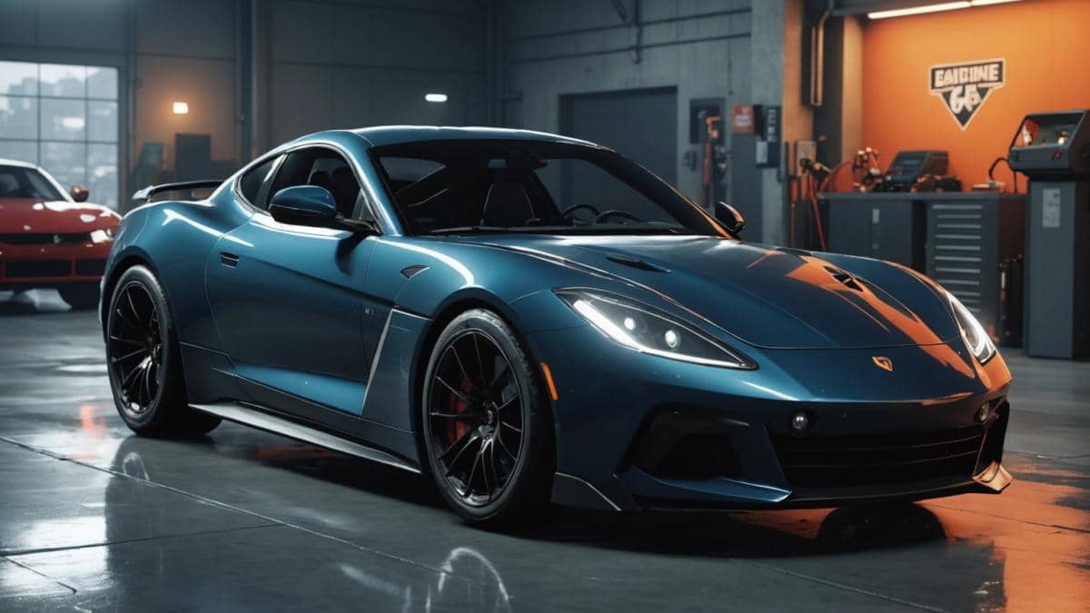 GTA Online: El Jammer Antimisiles que Cambia la Jugada – ¿Vale la Pena para Todos tus Vehículos? A close-up, photorealistic editorial-style image of a sleek sports car in GTA Online, parked inside a high-tech garage. The car is being upgraded by a player character using an advanced digital console, with a visible missile lock-on jammer device highlighted on the vehicle. Vibrant LED lighting illuminates the garage, and classic Rockstar branding can be subtly seen. The main subject—the vehicle and upgrade process—is sharply focused and centered; background is clean but hints at other iconic GTA cars.
