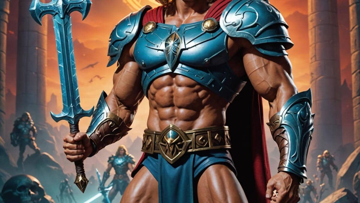 He-Man renace: el remake de Masters of the Universe tiene un nuevo rostro (y promete mucho más de lo que imaginas) Nicholas Galitzine as He-Man, standing heroically with a glowing sword in hand, surrounded by futuristic and mystical elements from Eternia, photorealistic editorial style, cinematic lighting highlighting his muscular physique and costume details, strong and confident expression, center-focused composition with soft background blurring out Skeletor’s shadowy silhouette and iconic elements like Castle Grayskull.