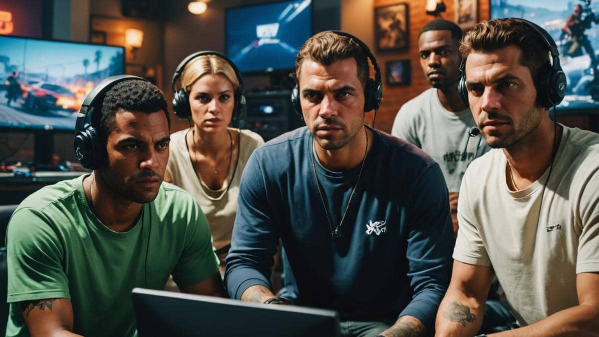 ¿Por qué GTA V seguirá arrasando en Twitch tras la llegada de GTA VI? A group of diverse, excited gamers gathered around high-end PCs, streaming and roleplaying in GTA V, photorealistic editorial style, vibrant mood with dynamic lighting, gaming peripherals and iconic GTA visuals on the monitors, main group centered and in sharp focus with a clean but lively background reminiscent of a modern streaming setup.