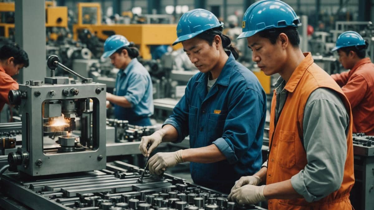 ¿China abandona México? El giro inesperado de sus fábricas (y lo que nadie te cuenta) A busy modern industrial factory with Chinese and Mexican workers collaborating on assembly lines, photorealistic editorial style, bright natural lighting, main subjects well-centered and in focus, visible bilingual signage, subtle hints of relocation (boxes marked Brazil/Serbia), clean machinery and digital displays in the background.