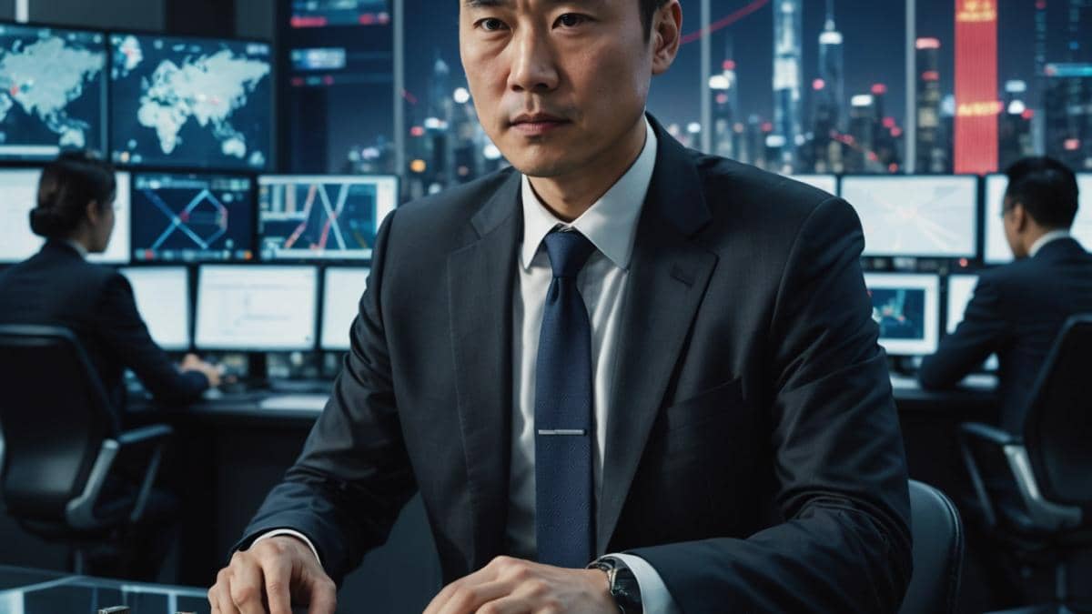 ¿Chips de IA y Huawei? Descubre el lado oculto de la batalla tech EE.UU.–China A photorealistic editorial image showing a tense technology boardroom scene: A confident Chinese engineer in smart business attire (representing Huawei) sits at a table stacked with advanced computer chips, facing an American executive with a US flag lapel pin, both surrounded by glowing digital schematics of AI microchips. Bright, dramatic lighting highlights the faces and chips; background features city skylines of Shanghai and New York through glass windows. The main subjects are well-centered and sharply focused, conveying rivalry and high stakes innovation.