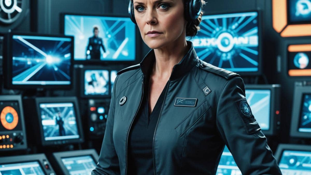 ¿Qué pasó con Amanda Tapping tras Stargate? Así reinventa la ciencia ficción desde dentro Amanda Tapping, standing confidently on a modern TV set surrounded by futuristic screens and sci-fi props, photorealistic editorial style, well-lit environment with a dynamic background hinting at both her acting and directing roles, main subject clearly centered and in sharp focus, showing her with a headset and script in hand, exuding leadership and creativity.
