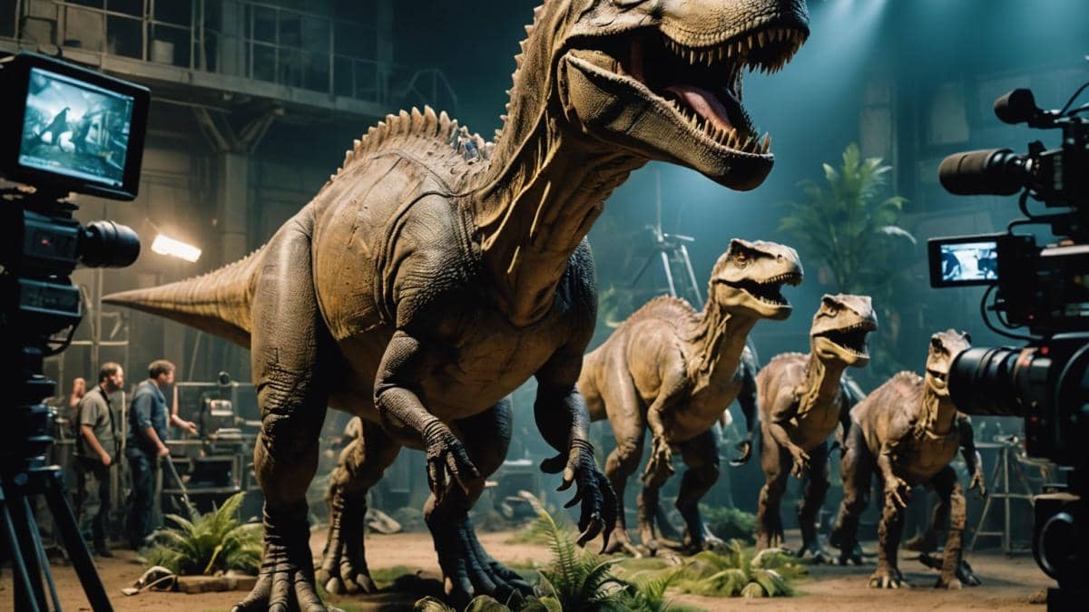 Os Roses: remake ácido que desafía el amor moderno y a sus espectadores 14 A large-scale movie set featuring animatronic dinosaurs and bustling film crew members, photorealistic editorial style, vibrant lighting highlighting high-tech equipment and dynamic action, the main T-Rex animatronic well-centered and in sharp focus with cameras and monitors around, modern production environment with visible budget scale.