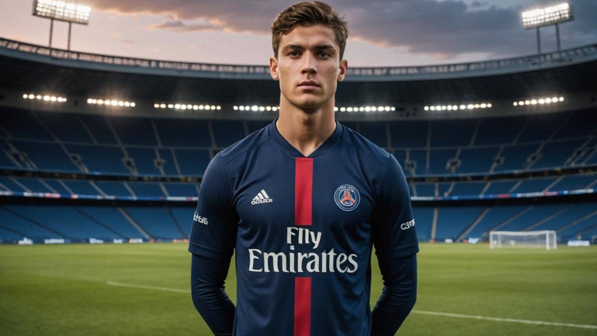 Rugby y adiós: ¿Qué significa perder a tus referentes como Antoine Dupont? 14 A photorealistic editorial image showing a young, ambitious football player (mid-20s, athletic build) standing at the center of an empty, modern football stadium at dusk, half in Paris Saint-Germain gear and half in Real Madrid kit. The stadium lights are coming on, dramatic sky overhead, with subtle hints of both Paris and Madrid city skylines in the far background. The player's face shows determination and curiosity, emphasizing decision-making and ambition. Main subject is well-centered and in sharp focus, clean environment.