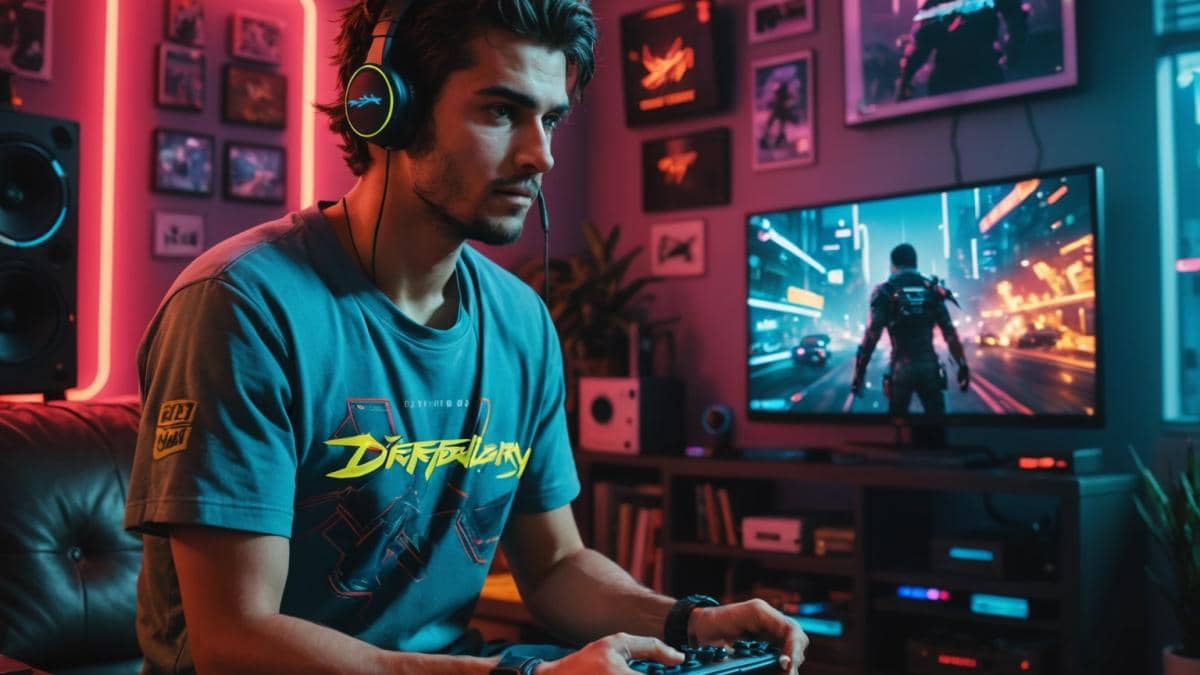 Nintendo Switch 2: ¿Por qué la polémica de los tickets arruinados revela un problema más grande? 14 A young Spanish gamer in his cozy apartment, surrounded by both retro and modern gaming consoles, playing Cyberpunk 2077 on a Nintendo Switch 2 connected to a large TV. The photorealistic editorial style image shows vibrant lighting from screens and neon accents, with the main subject centered, expressing surprise and excitement. Well-lit environment with clear focus on the Nintendo Switch 2 and game visuals, realistic details including gaming posters and scattered controllers.