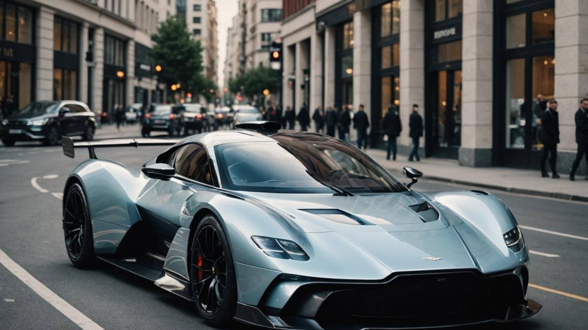 Aston Martin Valkyrie: ¿El superdeportivo de tus sueños o una pesadilla multimillonaria? A close-up of an Aston Martin Valkyrie hypercar parked on a city street, photorealistic editorial style, with a frustrated owner in luxury casual wear standing at the driver's door, his expression reflecting disappointment. Surrounding are modern high-rise buildings, daytime, well-lit scene. In the background, an ambulance with flashing lights passes by unnoticed. Main subjects (the car and the owner) centered and in sharp focus, clean and slightly blurred urban background for emphasis.