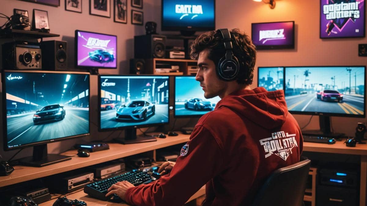 GTA Online Money Fronts: Todo sobre los vehículos filtrados que cambiarán el juego (¡y lo que nadie te cuenta!) A photorealistic editorial image showing a stylish, young Spanish gamer in a modern apartment filled with retro and new gaming consoles, sitting at a desk with multiple screens displaying unreleased GTA Online cars. The room has vibrant lighting, posters of classic Rockstar games on the walls, and the main subject is centered, focused on analyzing car stats. The mood is energetic and hype-driven, with gaming gadgets and GTA-related props clearly visible.