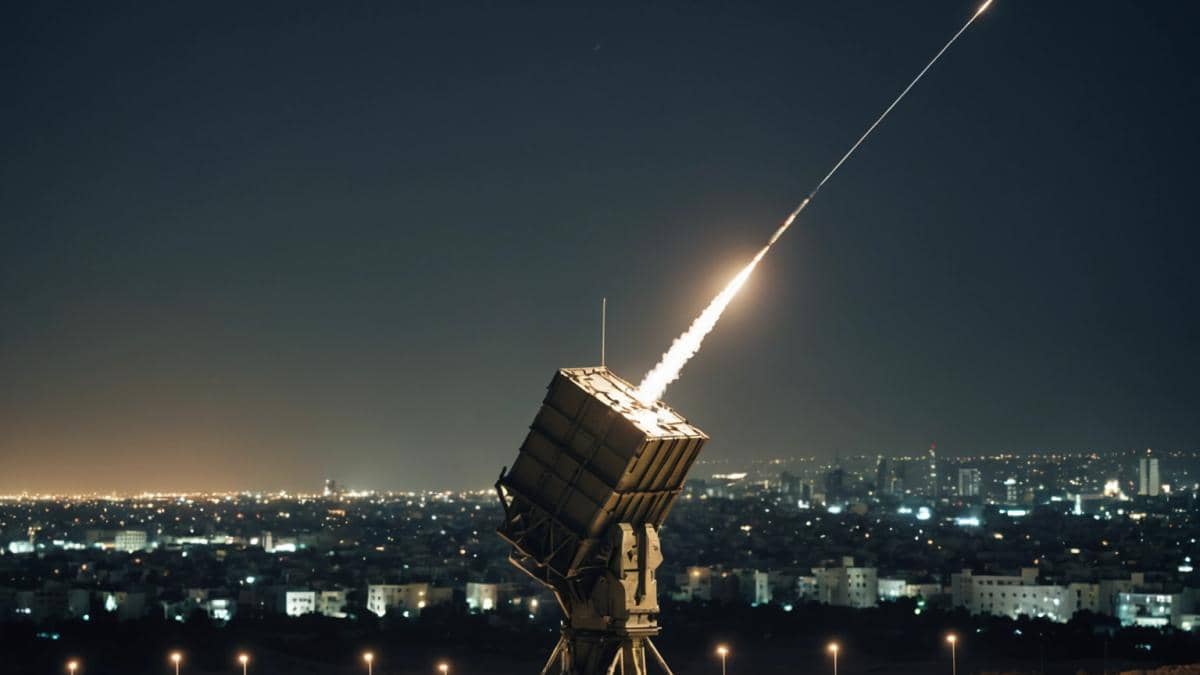 Cúpula de Hierro vs. poder iraní: ¿la tecnología decide la guerra (o hay algo más)? An advanced Israeli Iron Dome missile defense battery in action at night, photorealistic editorial style, missiles intercepting incoming threats with visible trails, focused on the high-tech system centered in the frame, military personnel operating controls, dramatic sky with flashes of light from interceptions, urban background dimly lit for contrast, main subject in sharp focus.
