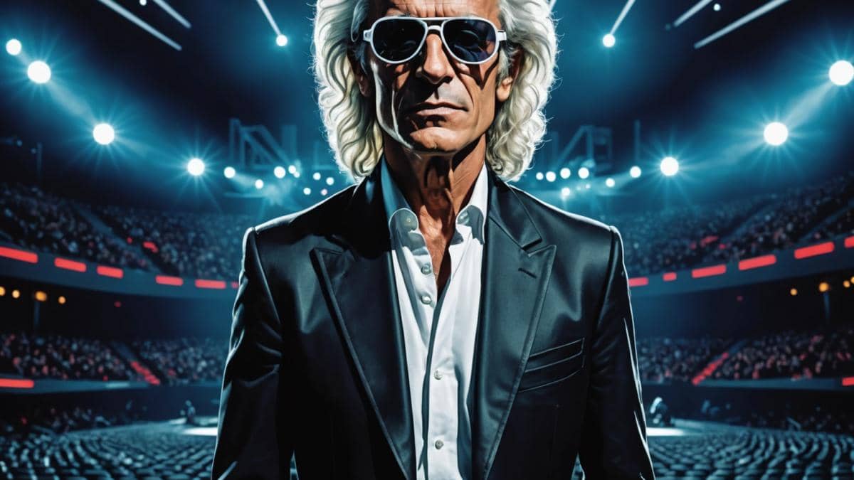 Frédéric François y la spasmofilia: ¿cómo resurge una estrella entre la ansiedad y el olvido? 14 Michel Polnareff, iconic French singer with trademark white sunglasses, standing center stage in a modern arena with empty seats visible, editorial photorealistic style, somber mood with dramatic stage lighting, large concert screen behind him displaying his album cover, focus on Polnareff looking reflective and determined, crisp and clear composition with background fading into shadow.