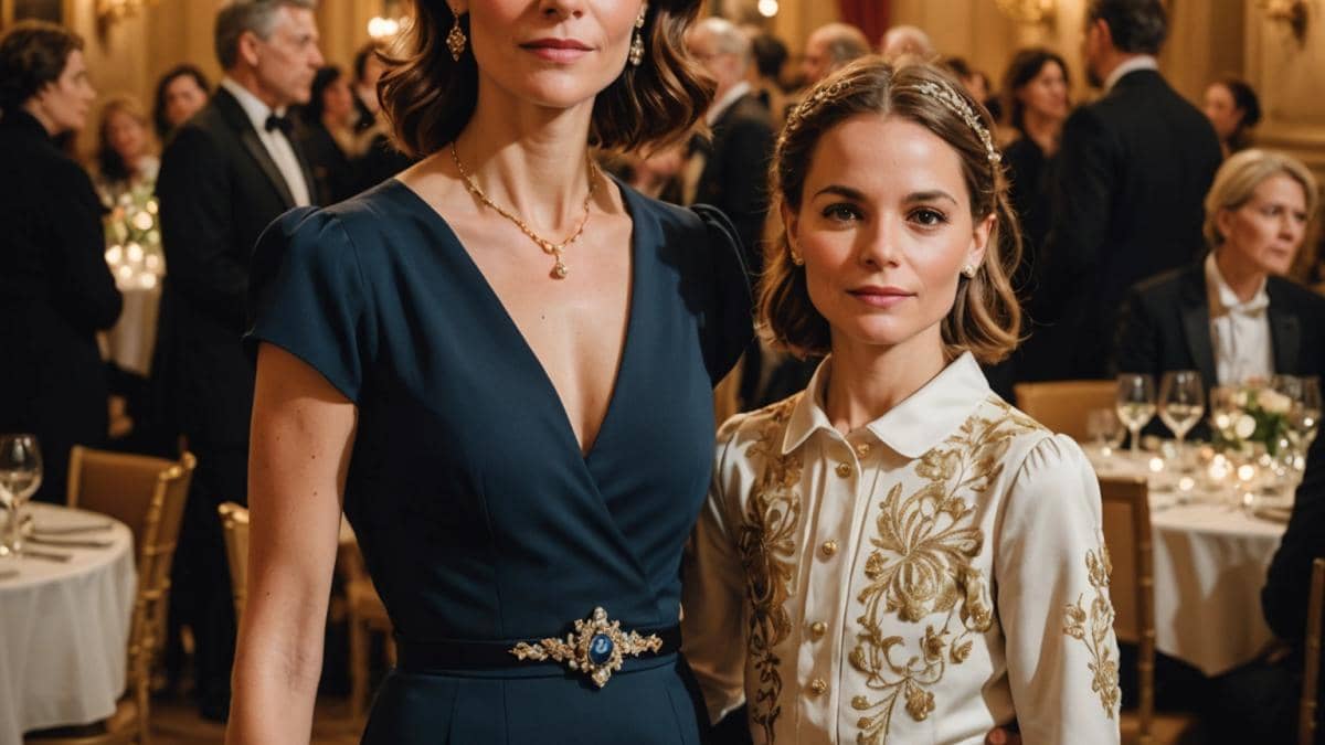 Stéphanie de Mónaco, elegant and serene, standing beside her daughter Camille Gottlieb at a charity event, photorealistic editorial style, warm lighting, sophisticated ambiance with subtle royal symbols and supportive people in the background. The main subjects—Stéphanie and Camille—are well-centered and in sharp focus, exuding confidence and genuine empathy.
