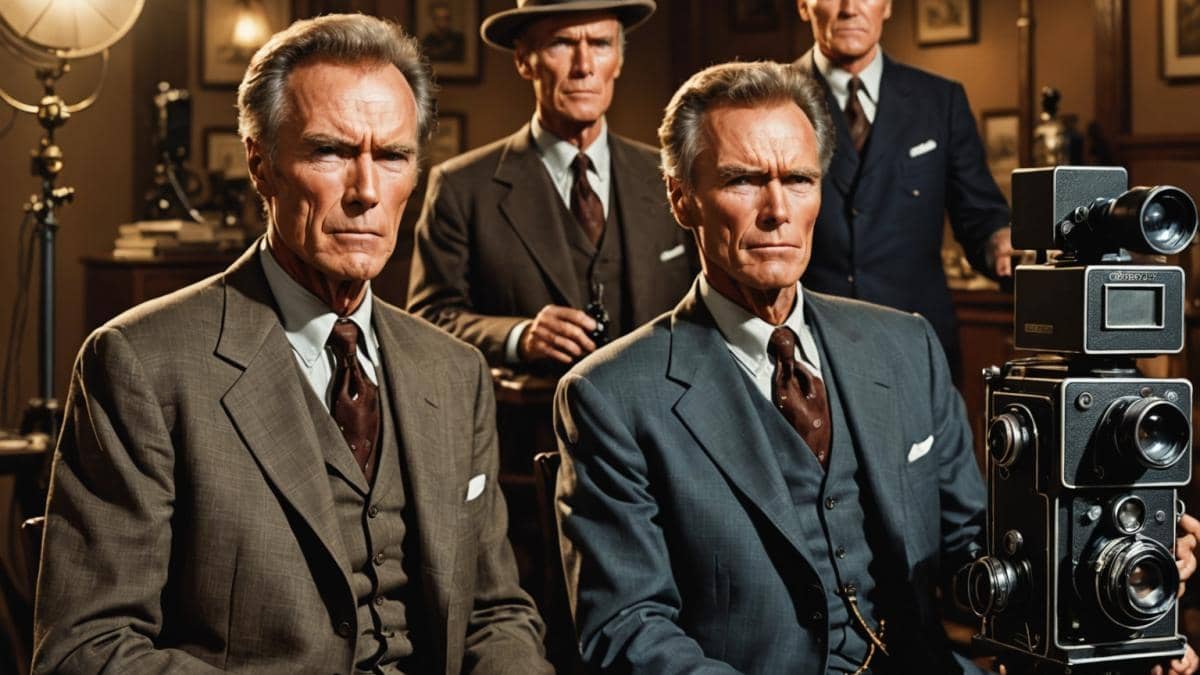 An elderly Clint Eastwood and a vintage-era James Cagney side by side, both on a dimly lit Hollywood film set, photorealistic editorial style, warm spotlight illuminating their faces, with classic film props (like old cameras and director’s chairs) around them. Main subjects are clearly centered and in sharp focus, evoking admiration and legacy.