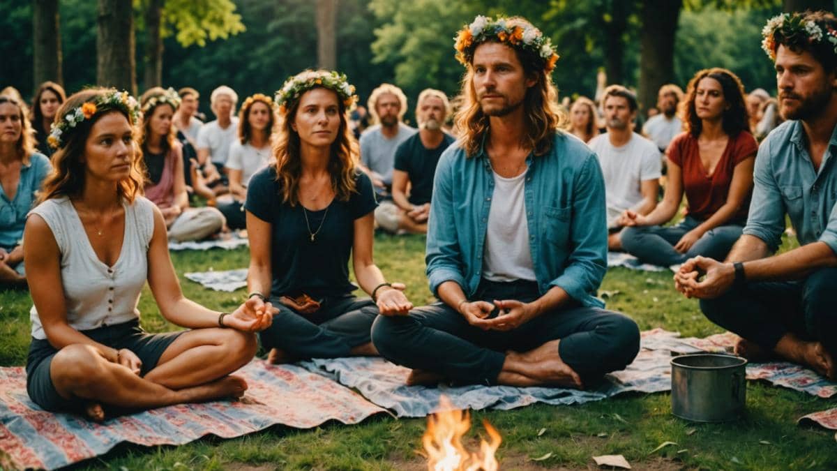 Solsticio de verano: rituales y ciencia para celebrar tu mejor inicio de verano (¡y no solo con fuego!) A vibrant summer solstice celebration at dawn in a lush park, editorial photorealistic style, people gathered around a small bonfire performing mindful rituals, diverse ages and styles, yoga mats, flower crowns, sunlight filtering through trees, main group well-centered and sharply focused, lively yet tranquil atmosphere.
