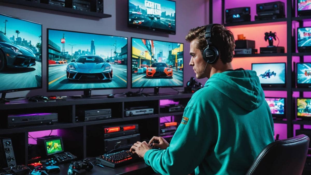 GTA Online Money Fronts: ¿Vale la pena montar tu propio Car Wash criminal? A young gamer in a modern apartment, surrounded by retro and current gaming consoles, intently playing GTA Online on a large TV. Photorealistic editorial style, dynamic lighting with neon hues from gaming devices, visible screen showing the Hands On Car Wash business in-game. The main subject is centered and sharply focused, background filled with shelves of game collectibles and posters.