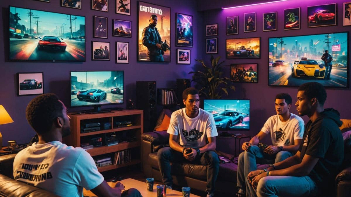 GTA Online Money Fronts: ¿La actualización más ambiciosa o puro humo? A group of diverse young gamers intensely focused on playing GTA Online in a cozy modern living room at night, illuminated by neon lights and gaming monitors, with posters of Los Santos and classic cars on the walls, editorial photorealistic style, main subject centered with visible game controllers and energy drinks, vibrant mood with subtle cityscape details in the background.