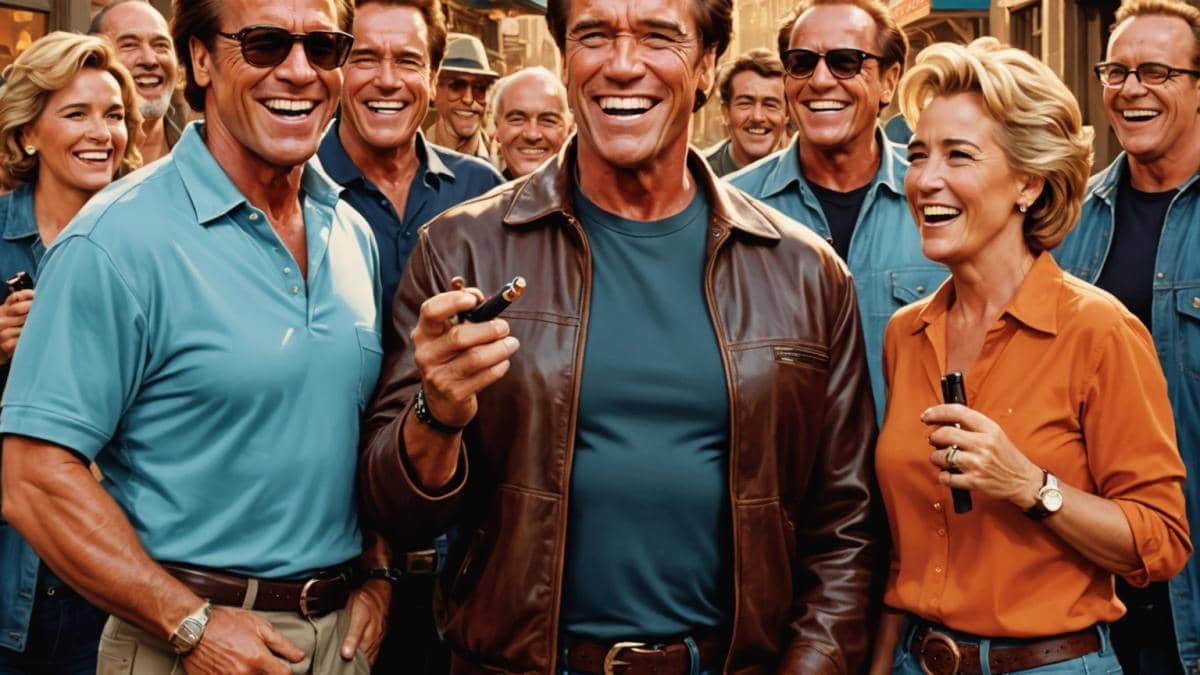 A photorealistic editorial-style image of Arnold Schwarzenegger on a 90s film set, laughing with Danny DeVito and Emma Thompson. Centered: Arnold in casual filming attire, holding a cigar with a surprised yet amused expression. Around him, classic film equipment and vibrant crew members. Warm, nostalgic lighting, capturing the lively energy of a movie set. Main subjects are centered and in sharp focus for a clean, professional look.