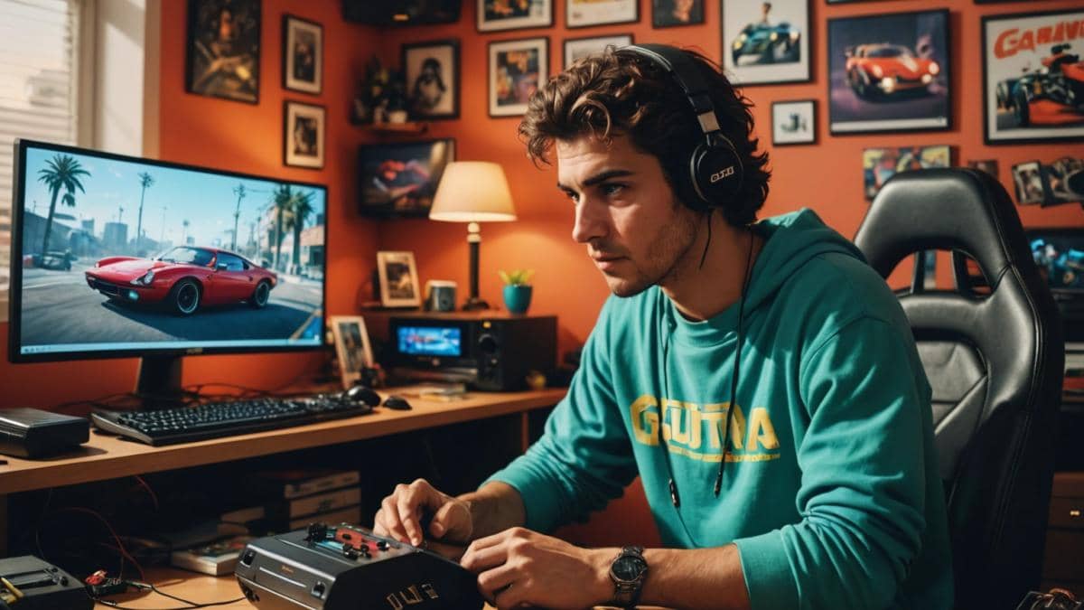 GTA+ julio 2025: ¿Vale realmente la pena este mes o solo es hype? A stylish, young Spanish gamer in a cozy apartment filled with both retro and next-gen consoles, sitting at a desk covered in GTA memorabilia, closely examining the Överflöd Suzume sports car model on his monitor. Photorealistic editorial style, vibrant lighting, energetic mood, subtle Rockstar Games posters and shelves with collector's items in the background. Main subject centered and in sharp focus for a modern online publication.