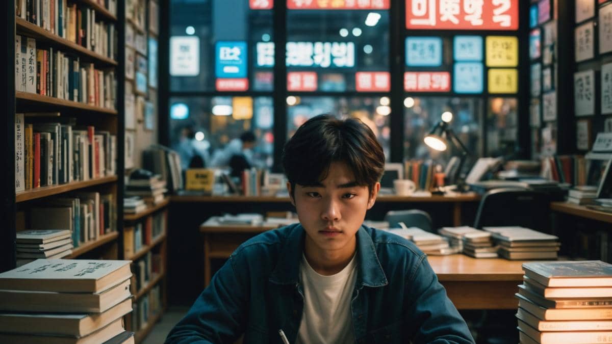 Educación en Corea del Sur: ¿Obsesión o camino al colapso? A South Korean student, visibly tired but determined, sitting at a desk surrounded by textbooks, notebooks, and a digital tablet, photorealistic editorial style, evening mood with warm indoor lighting; background shows the window to a bustling Seoul street filled with neon hagwon signs. Main subject centered and in sharp focus.
